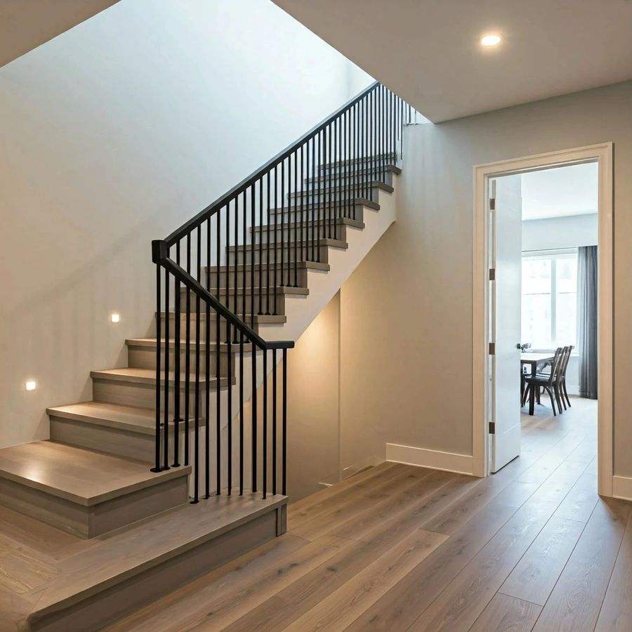 Oak staircase and wide-plank engineered hardwood flooring